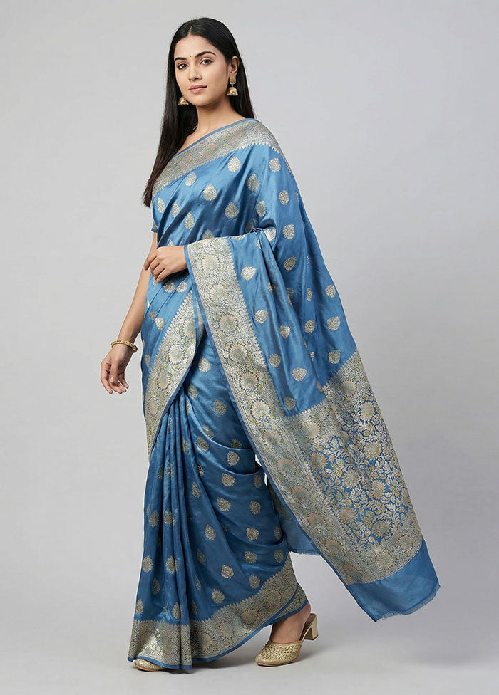 Blue Handloom Katan Pure Silk Saree With Blouse Piece