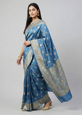 Blue Handloom Katan Pure Silk Saree With Blouse Piece