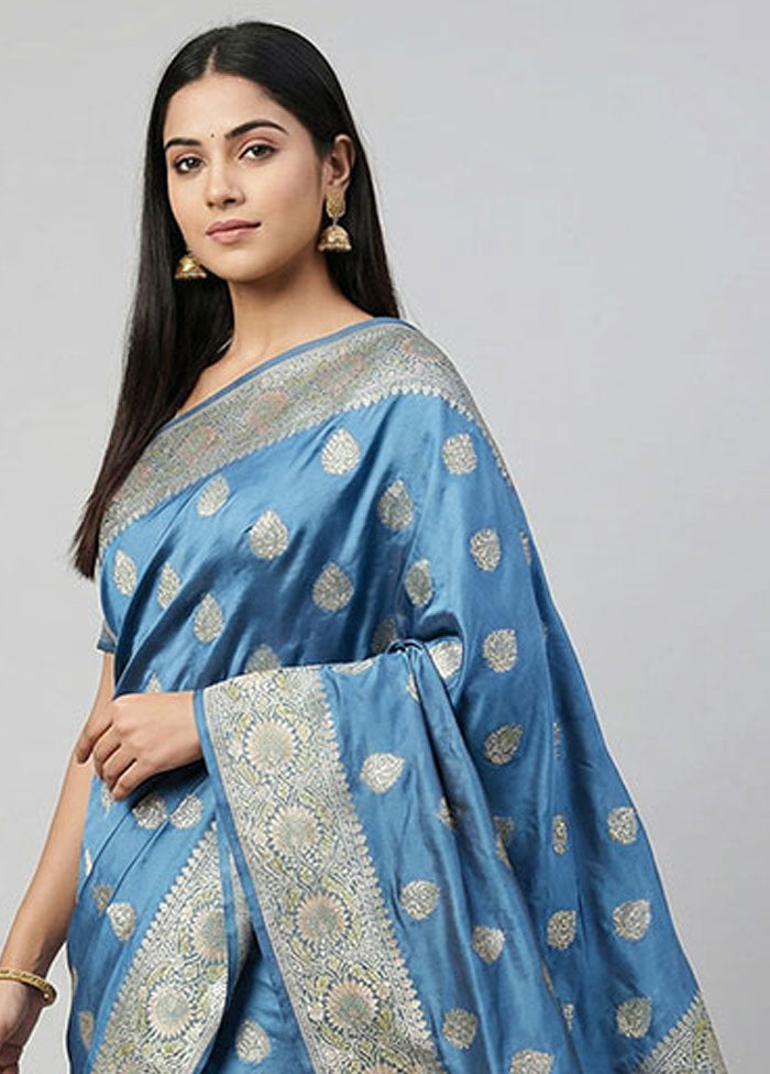 Blue Handloom Katan Pure Silk Saree With Blouse Piece