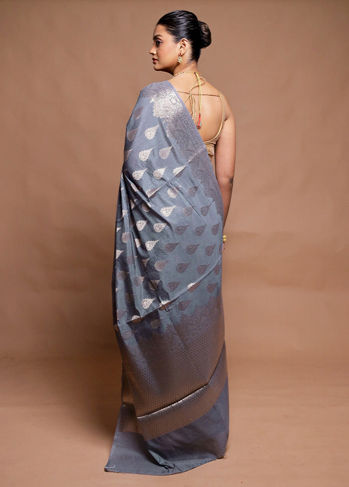 Grey Dupion Silk Saree With Blouse Piece