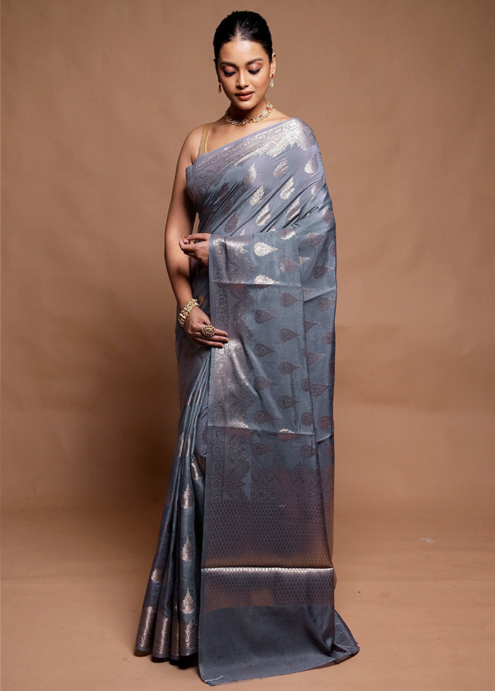 Grey Dupion Silk Saree With Blouse Piece