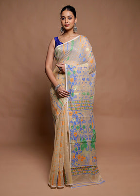 Cream Tant Jamdani Saree Without Blouse Piece