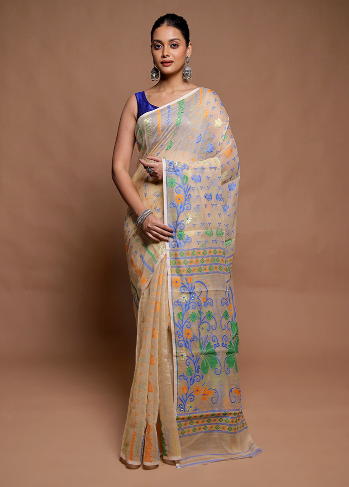 Cream Tant Jamdani Saree Without Blouse Piece