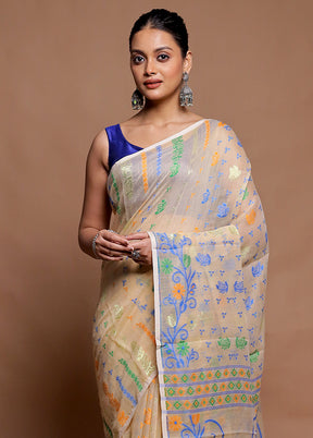 Cream Tant Jamdani Saree Without Blouse Piece