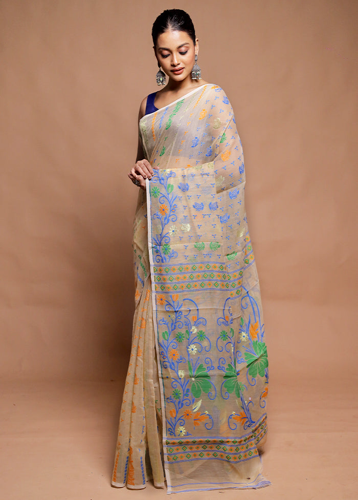 Cream Tant Jamdani Saree Without Blouse Piece