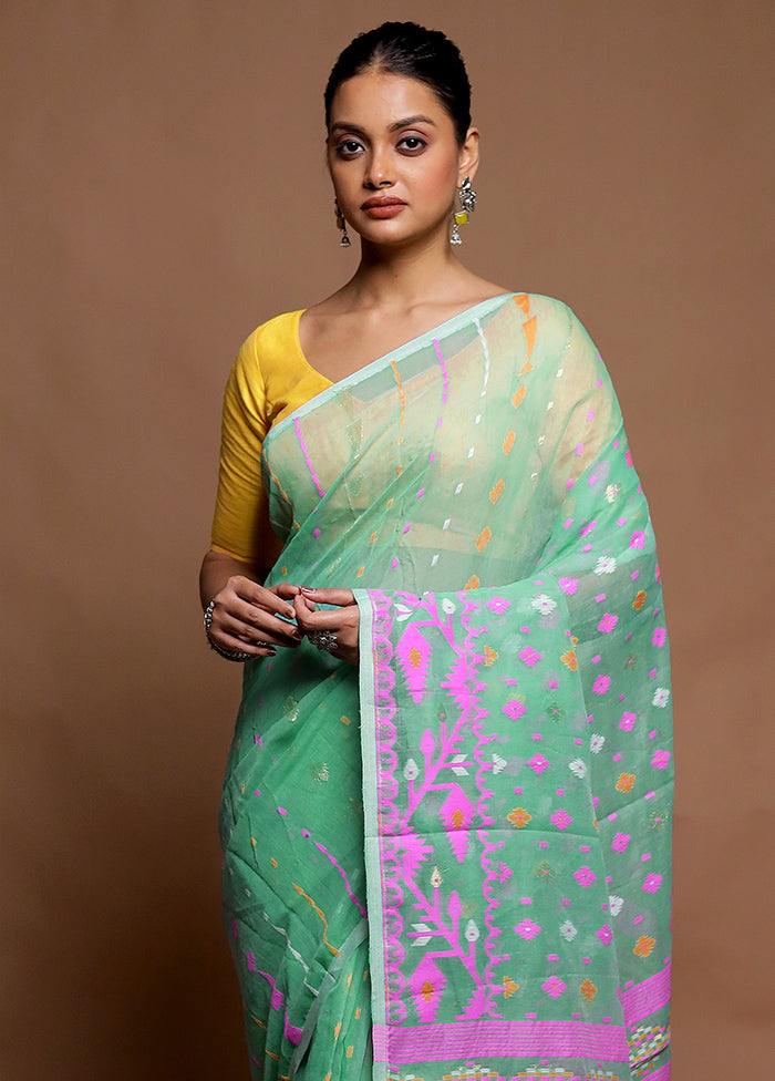 Green Tant Jamdani Saree Without Blouse Piece
