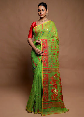 Green Tant Jamdani Saree Without Blouse Piece