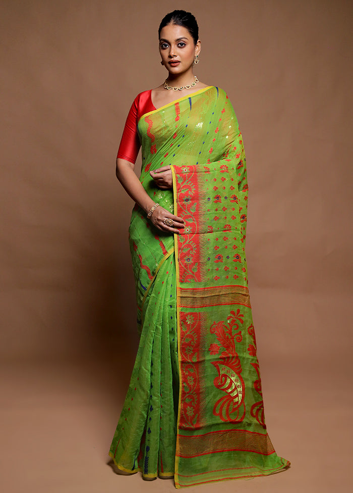 Green Tant Jamdani Saree Without Blouse Piece