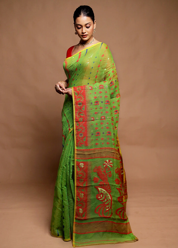 Green Tant Jamdani Saree Without Blouse Piece