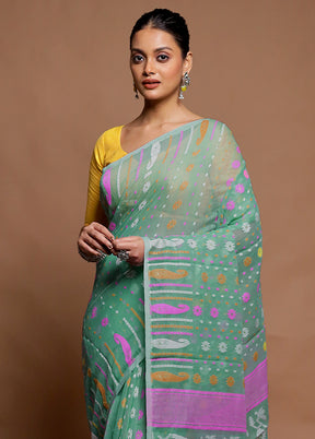 Green Tant Jamdani Saree Without Blouse Piece