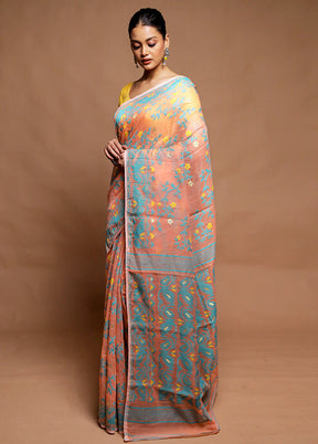 Peach Tant Jamdani Saree Without Blouse Piece