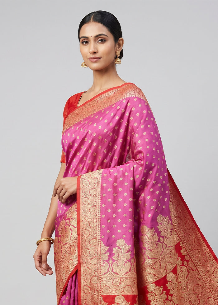 Pink Handloom Banarasi Pure Silk Saree With Blouse Piece