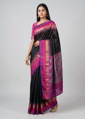 Black Handloom Ikkat Pure Silk Saree With Blouse Piece