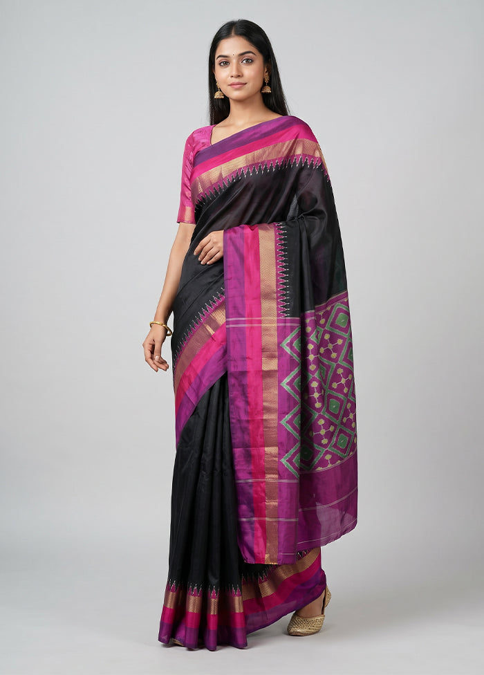 Black Handloom Ikkat Pure Silk Saree With Blouse Piece