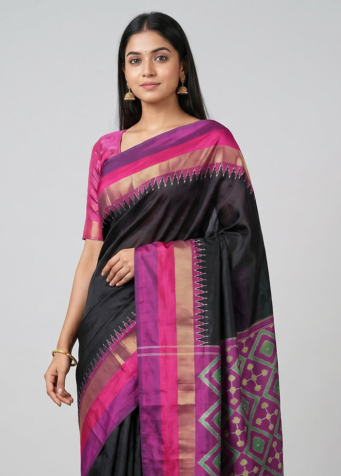 Black Handloom Ikkat Pure Silk Saree With Blouse Piece