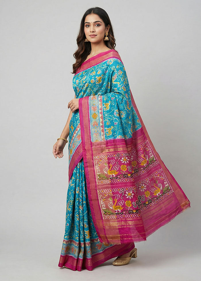 Green Handloom Ikkat Pure Silk Saree With Blouse Piece