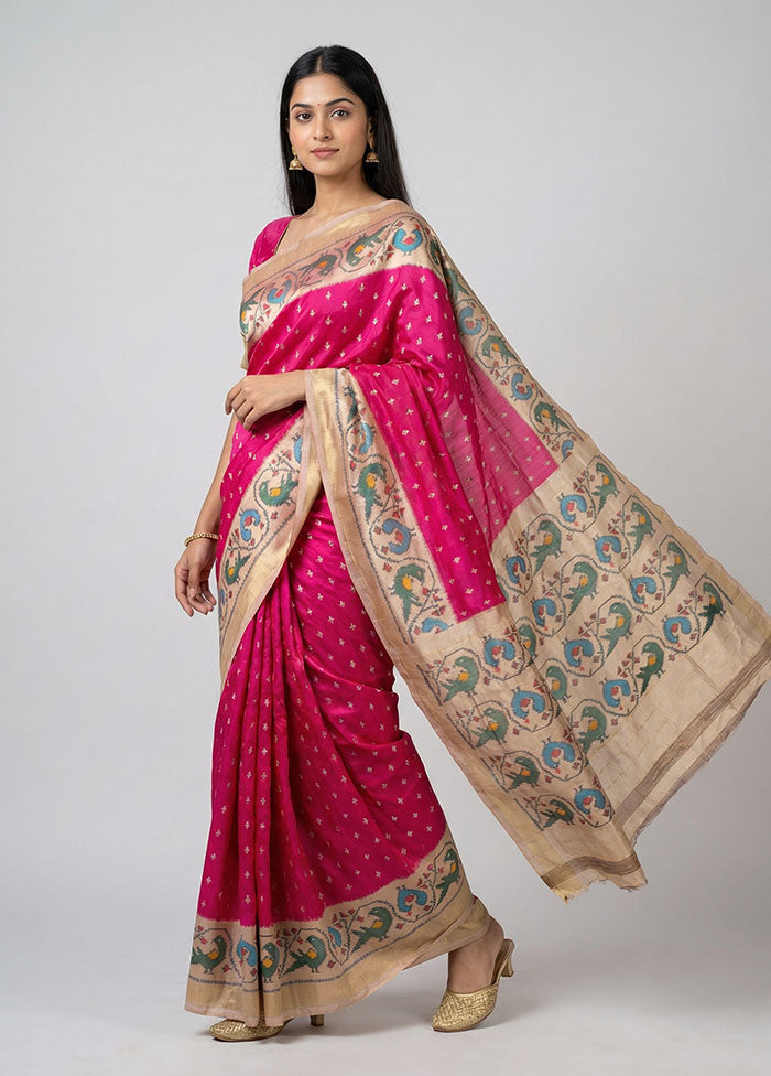 Pink Handloom Ikkat Pure Silk Saree With Blouse Piece