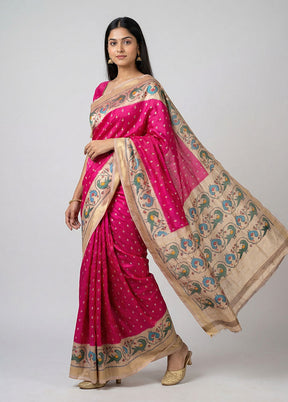 Pink Handloom Ikkat Pure Silk Saree With Blouse Piece