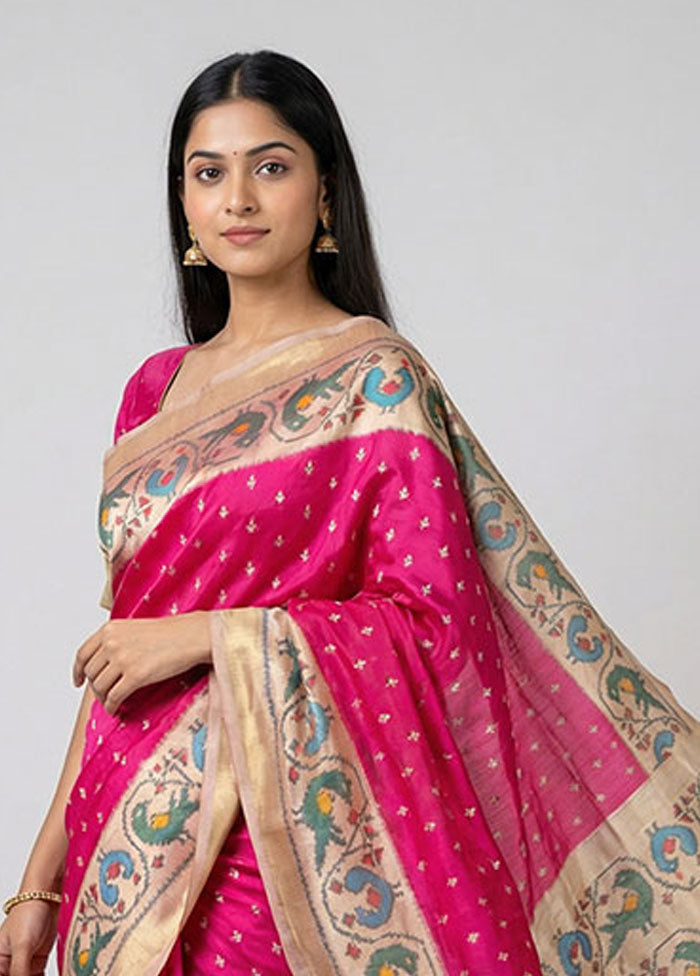 Pink Handloom Ikkat Pure Silk Saree With Blouse Piece