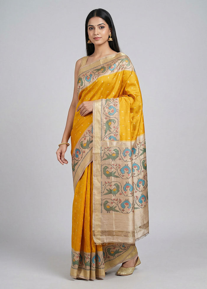 Yellow Handloom Ikkat Pure Silk Saree With Blouse Piece