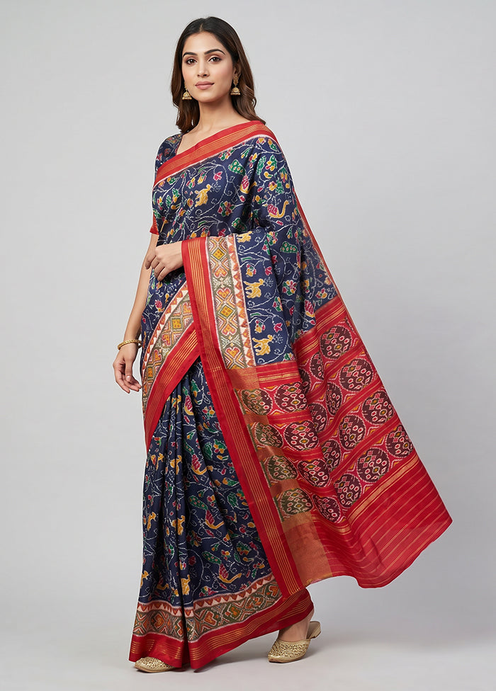 Blue Handloom Ikkat Pure Silk Saree With Blouse Piece