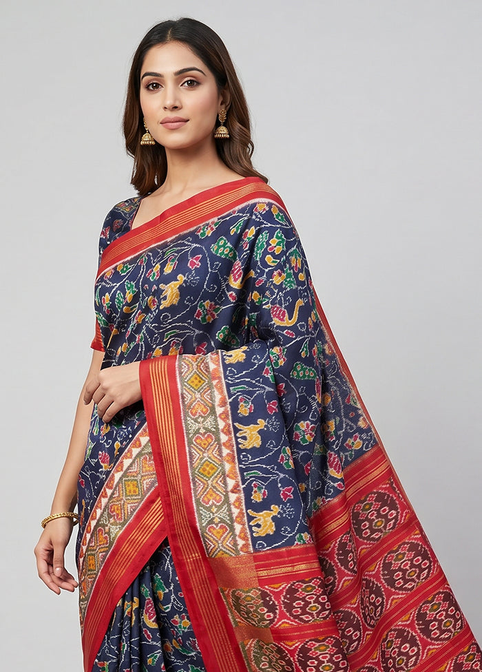 Blue Handloom Ikkat Pure Silk Saree With Blouse Piece