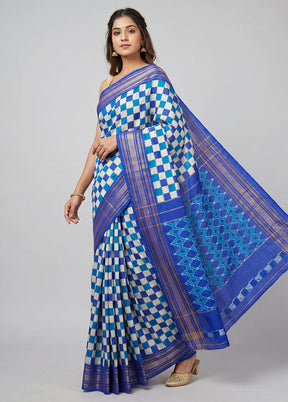 White Handloom Ikkat Pure Silk Saree With Blouse Piece