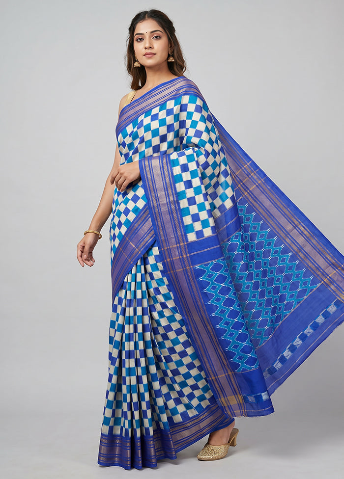 White Handloom Ikkat Pure Silk Saree With Blouse Piece