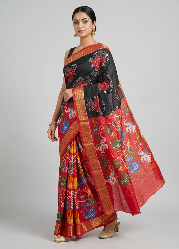 Black Handloom Ikkat Pure Silk Saree With Blouse Piece