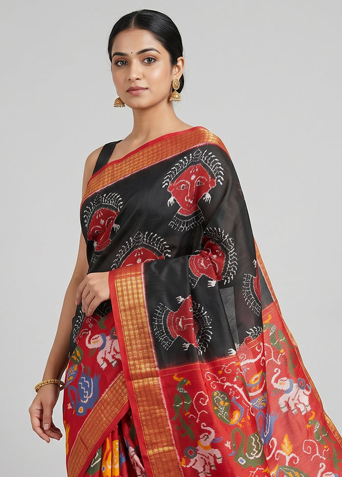 Black Handloom Ikkat Pure Silk Saree With Blouse Piece