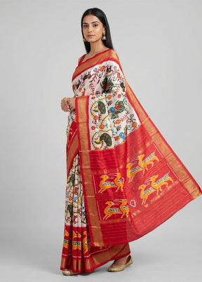 Cream Handloom Ikkat Pure Silk Saree With Blouse Piece