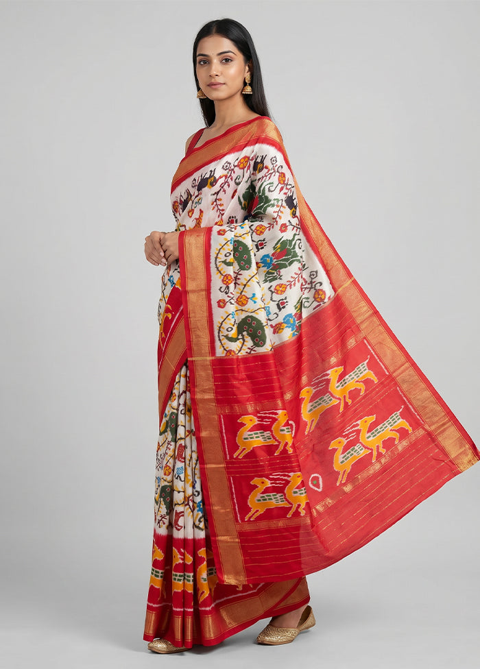 Cream Handloom Ikkat Pure Silk Saree With Blouse Piece