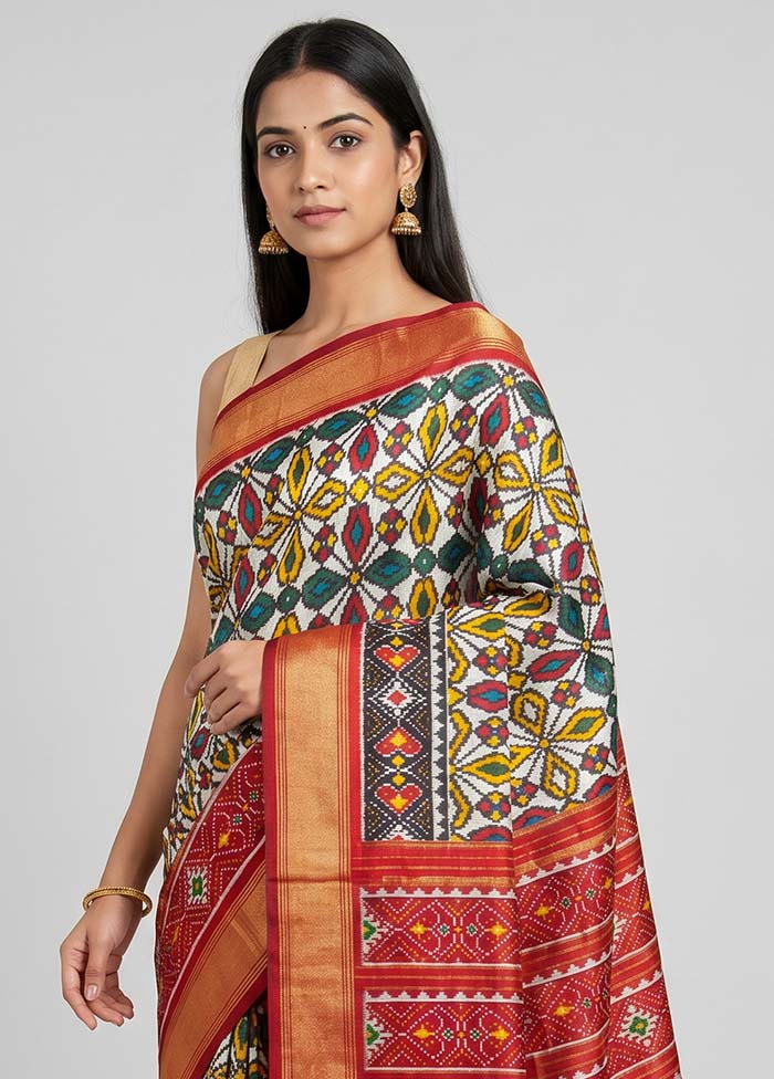 White Handloom Ikkat Pure Silk Saree With Blouse Piece