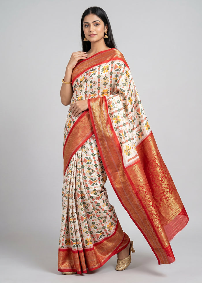 Cream Handloom Ikkat Pure Silk Saree With Blouse Piece