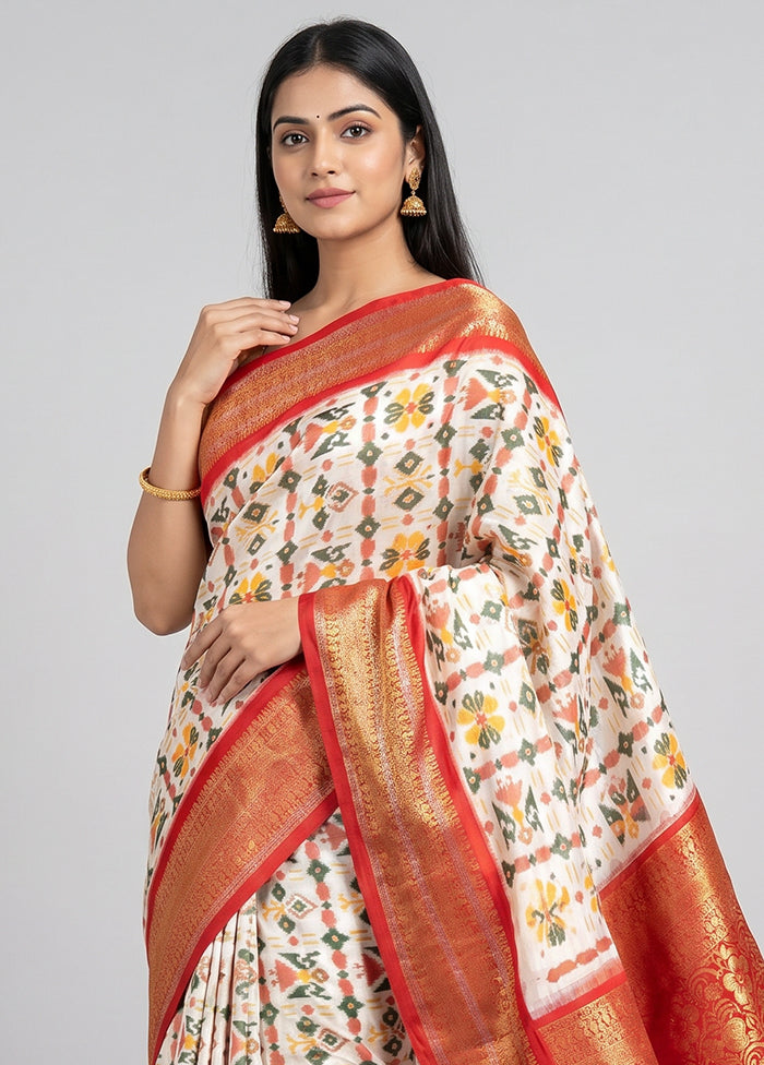 Cream Handloom Ikkat Pure Silk Saree With Blouse Piece