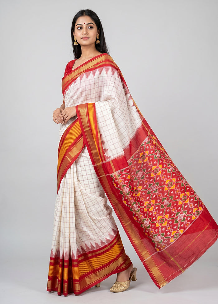 Cream Handloom Ikkat Pure Silk Saree With Blouse Piece