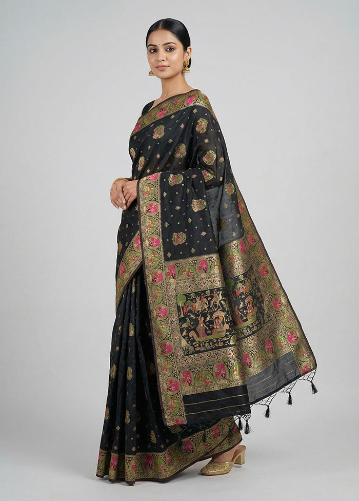 Black Dupion Silk Saree With Blouse Piece