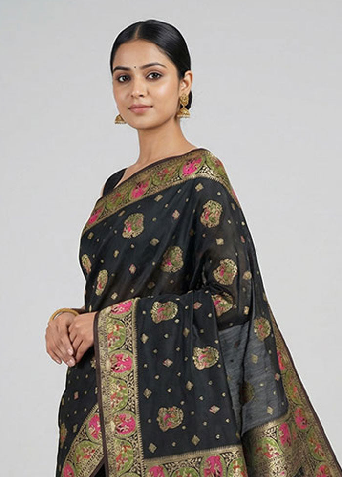 Black Dupion Silk Saree With Blouse Piece