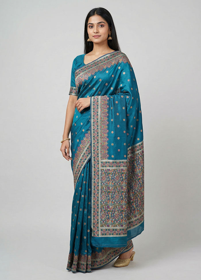 Blue Dupion Silk Saree With Blouse Piece