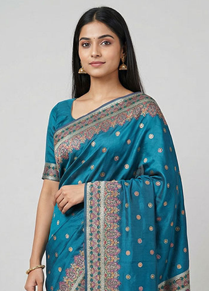 Blue Dupion Silk Saree With Blouse Piece