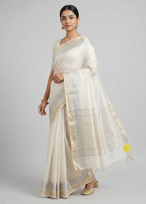 Cream Handloom Tussar Pure Silk Saree With Blouse Piece