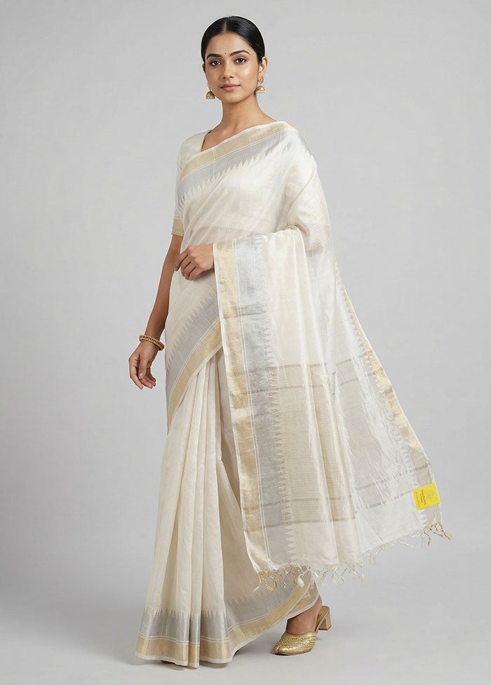 Cream Handloom Tussar Pure Silk Saree With Blouse Piece