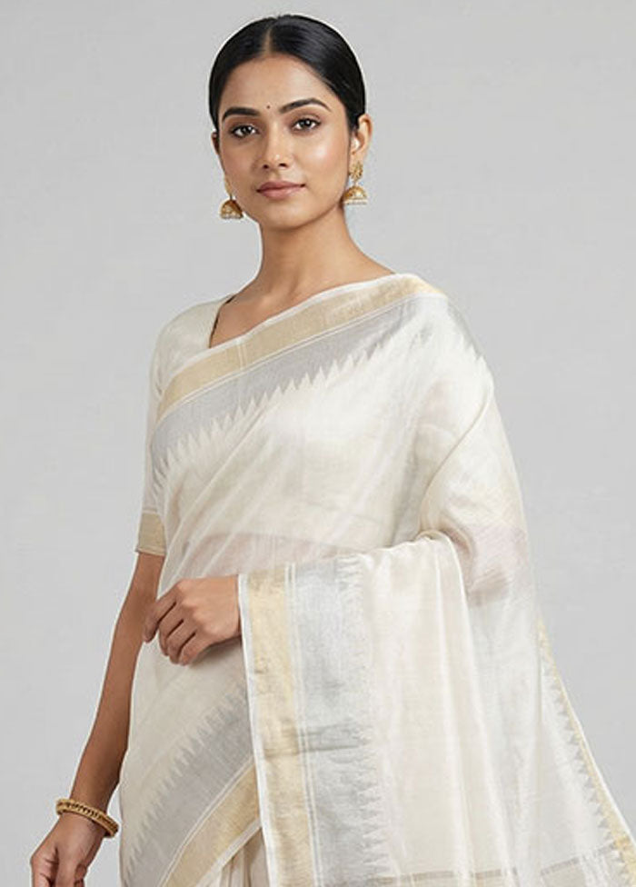 Cream Handloom Tussar Pure Silk Saree With Blouse Piece