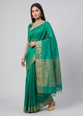 Green Handloom Tussar Pure Silk Saree With Blouse Piece