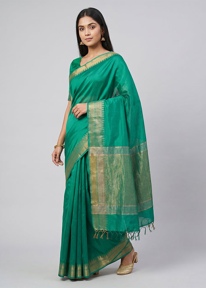 Green Handloom Tussar Pure Silk Saree With Blouse Piece