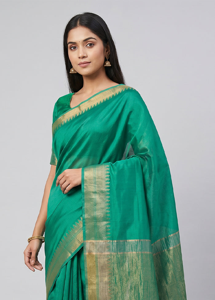 Green Handloom Tussar Pure Silk Saree With Blouse Piece