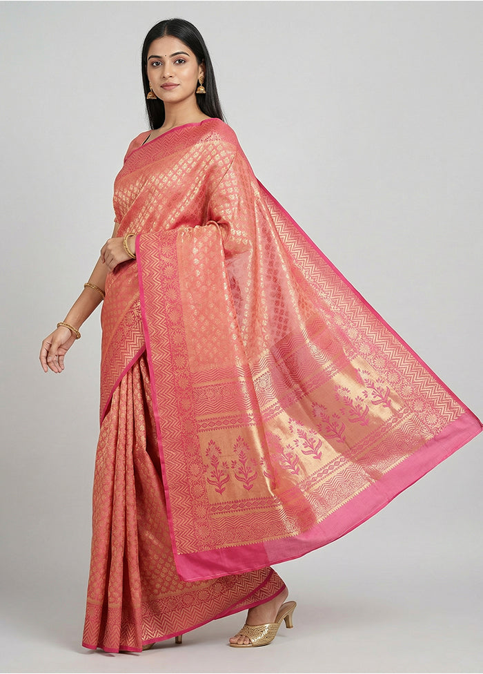 Pink Handloom Kanchipuram Pure Silk Saree With Blouse Piece