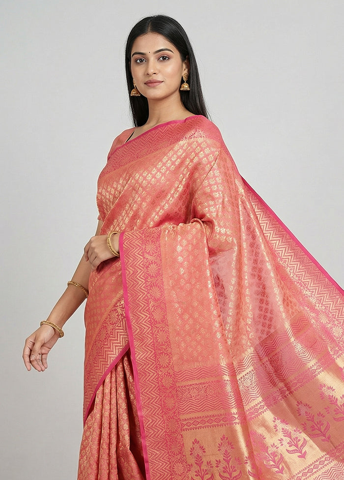 Pink Handloom Kanchipuram Pure Silk Saree With Blouse Piece