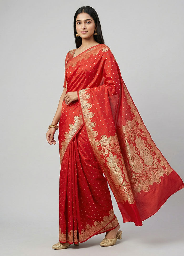 Red Banarasi Silk Saree With Blouse Piece