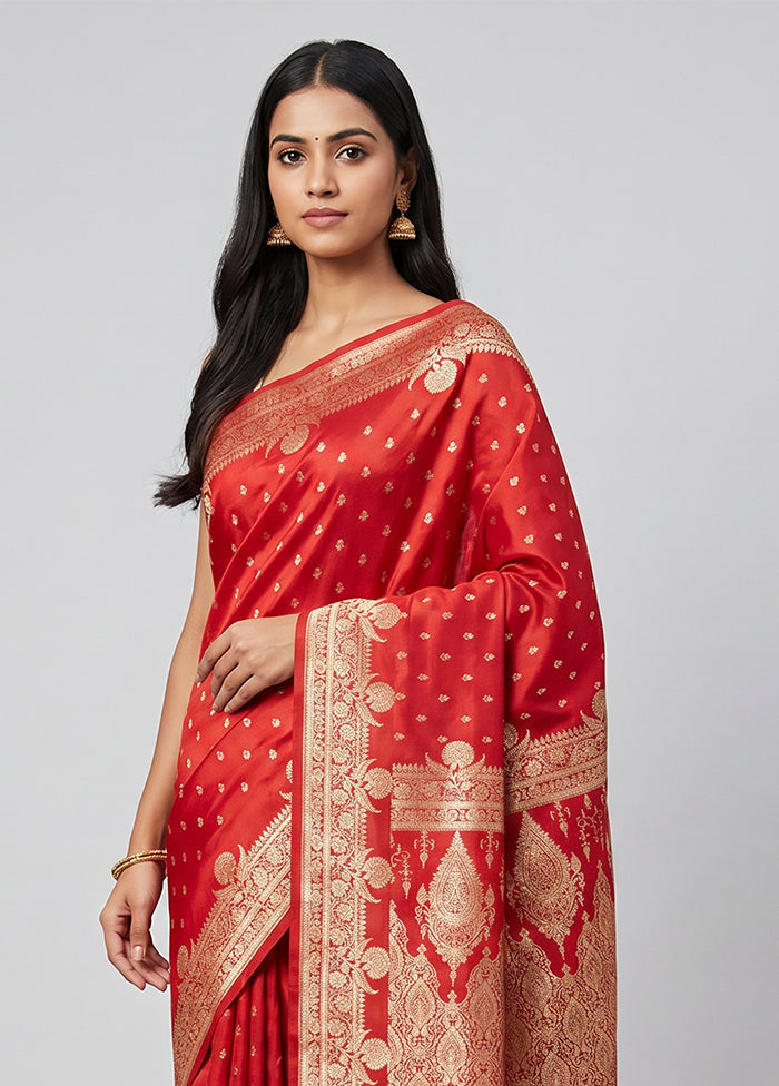 Red Banarasi Silk Saree With Blouse Piece